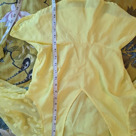 peach yellow v neck sheer puff long sleeve blouse sz s euc - Picture 4 of 5